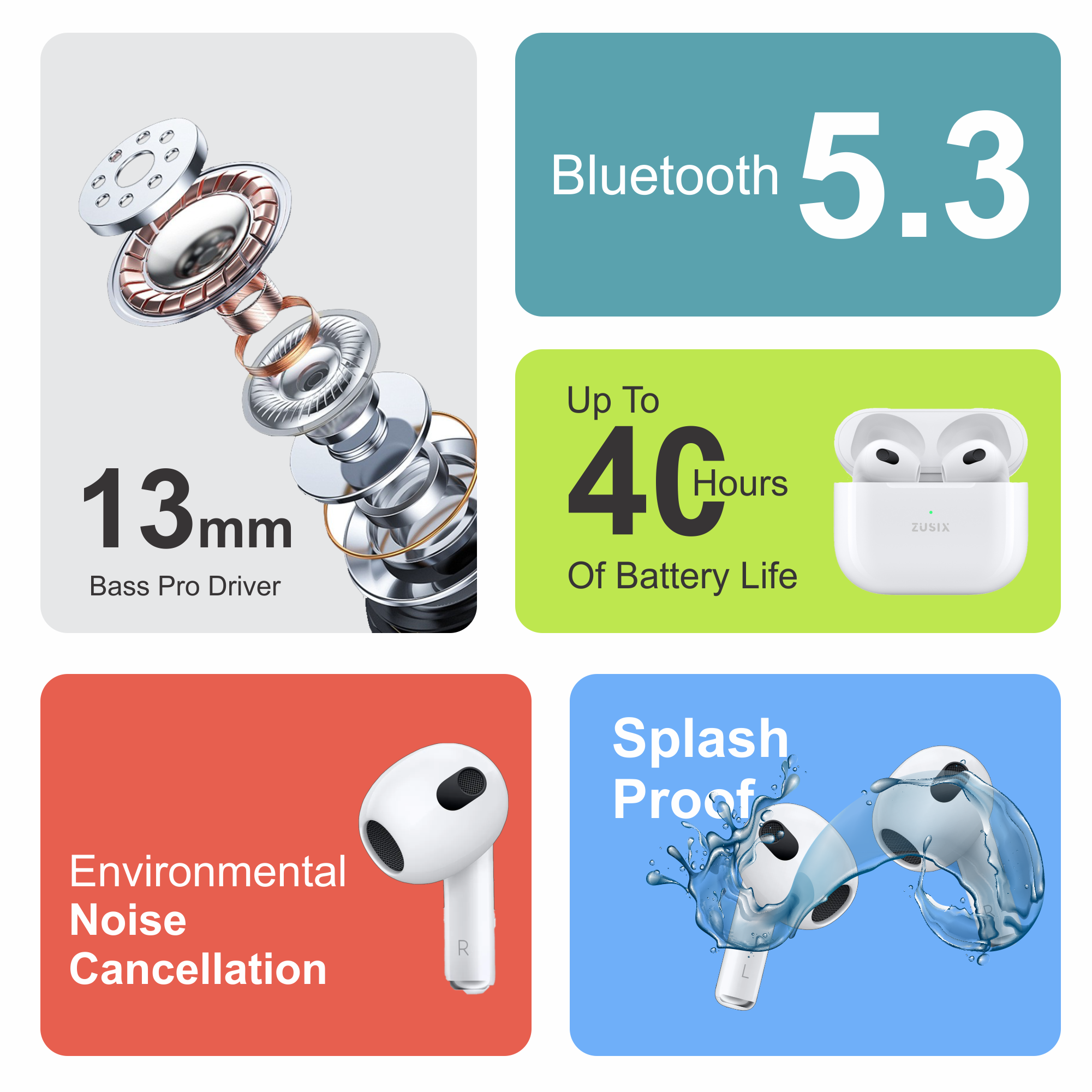 Zusix AirTone Pro 2 with 40 Hours Music Time True Wireless Bluetooth