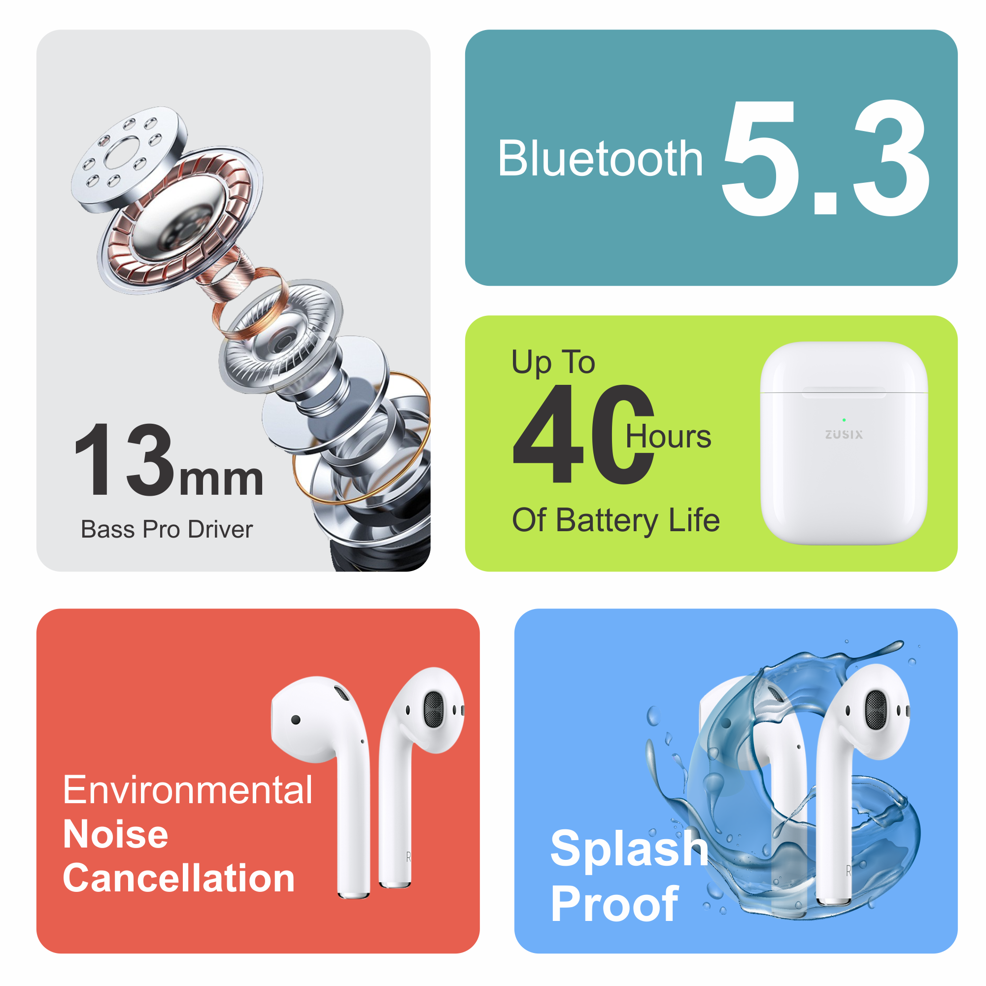 Zusix AirTone with 40 Hours Music Time True Wireless Bluetooth
