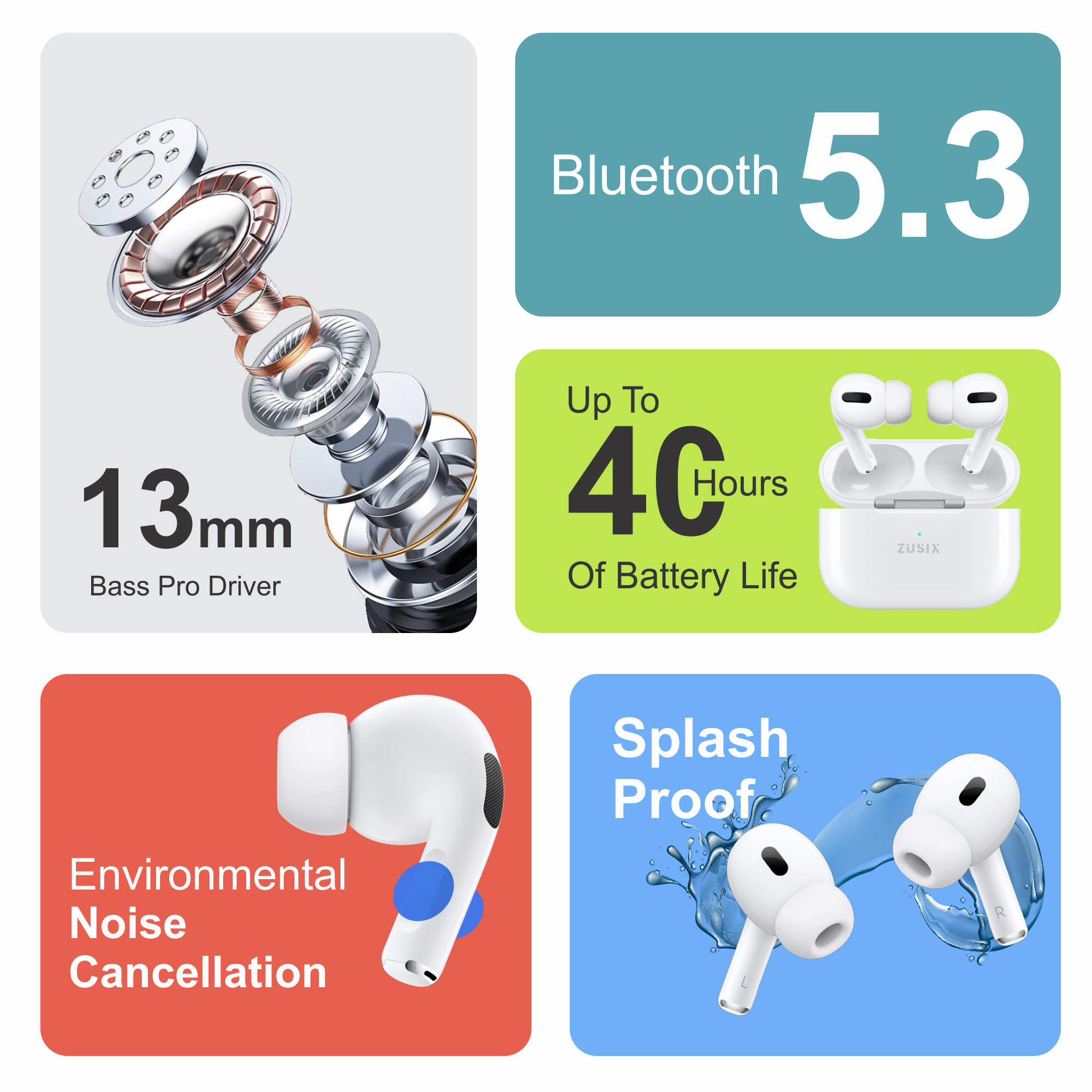 Zusix AirTone Pro with 40 Hours Music Time True Wireless Bluetooth