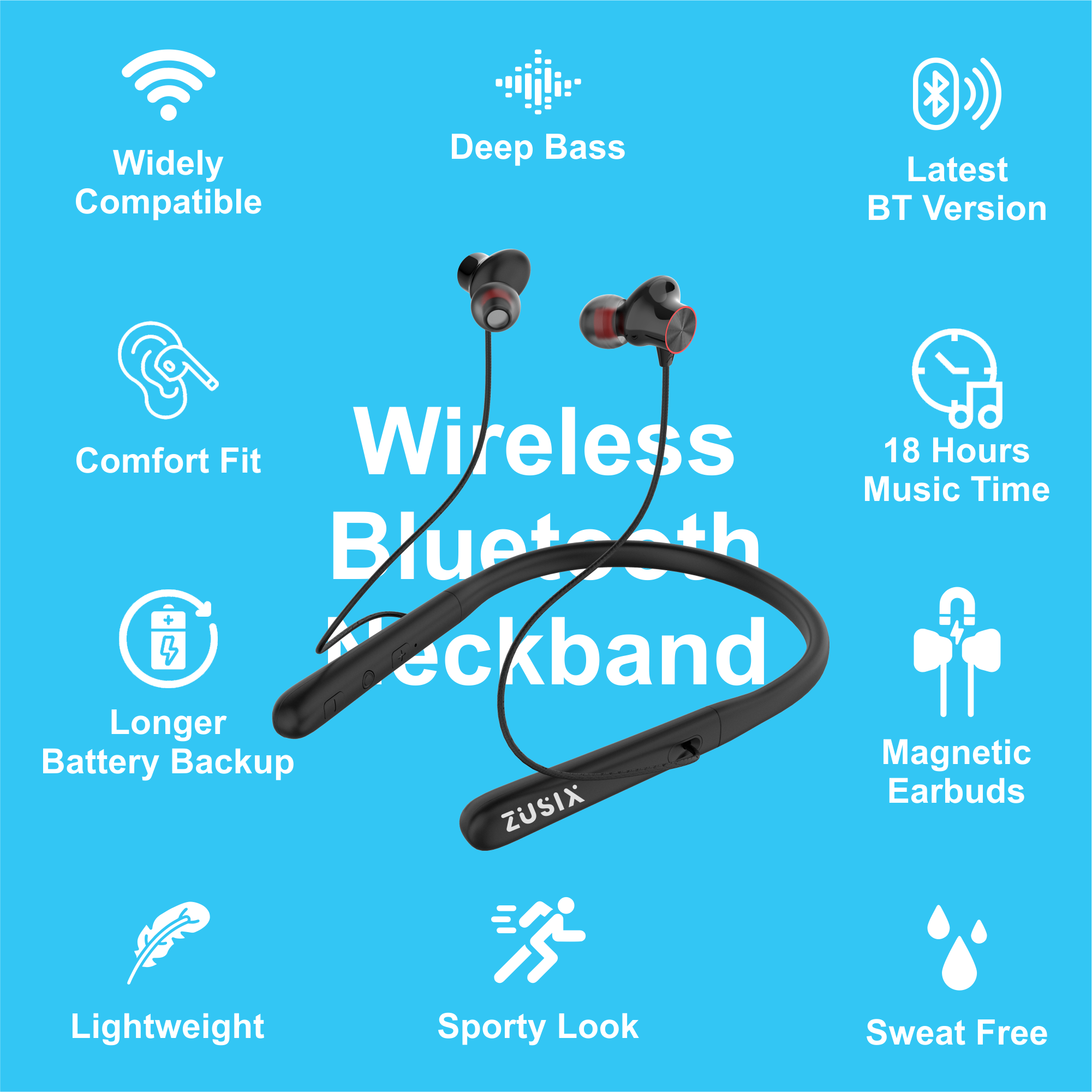 Zusix Elite 240 with 18 Hours Music Time In-Ear Wireless Neckband v5.3 Bluetooth Headset