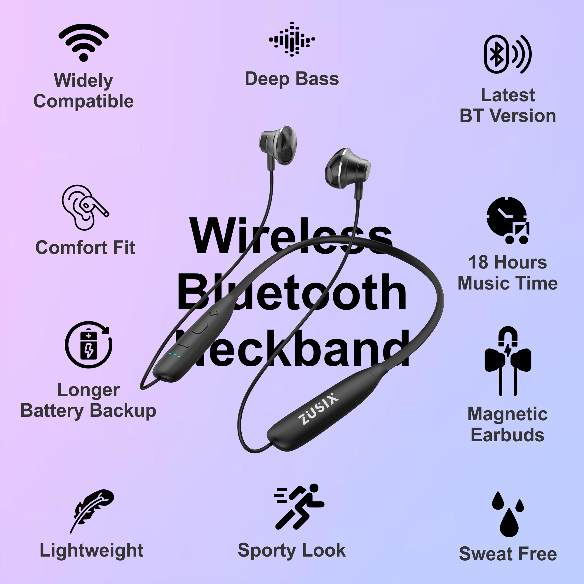 Zusix Elite 550 with 18 Hours Music Time In-Ear Wireless Neckband v5.3 Bluetooth Headset