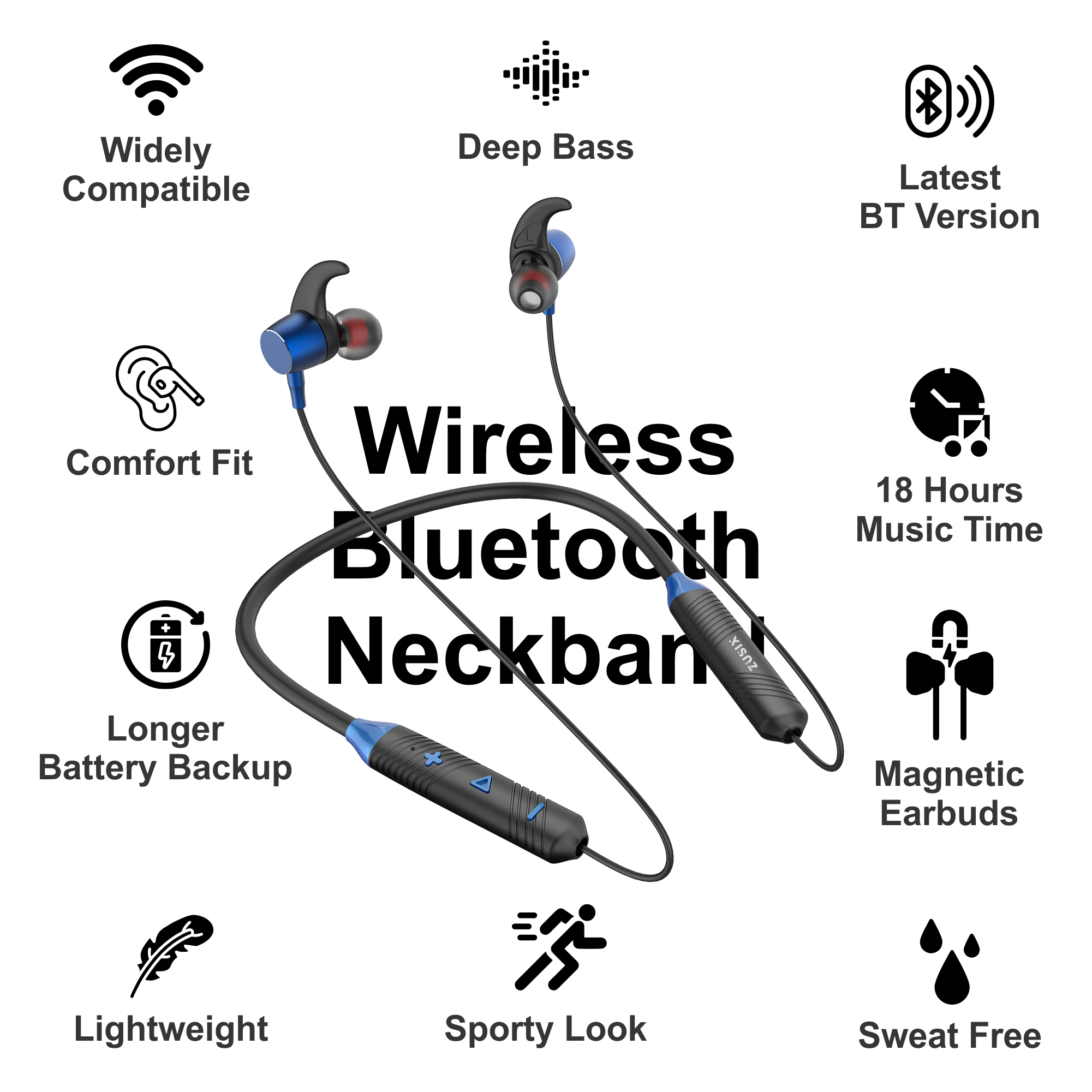 Zusix Elite 260 with 18 Hours Music Time In-Ear Wireless Neckband v5.0 Bluetooth Headset